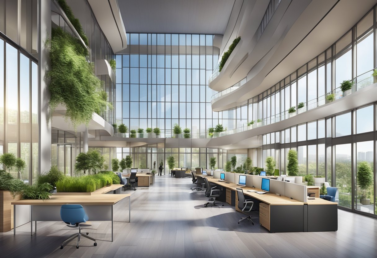 A modern office building with spacious, flexible floor plans, ample natural light, and state-of-the-art amenities, surrounded by landscaped greenery and located in a bustling business district